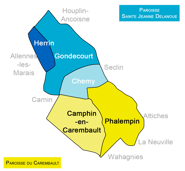 Carte des paroisses Sainte Jeanne Delanoue et du Carembault